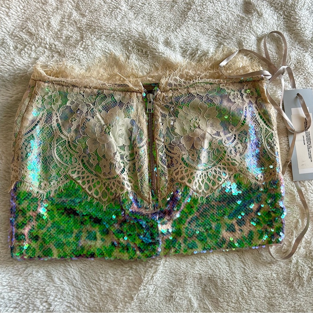 Iridescent Sequin Mini Skirt with Cream Lace - Picture 3 of 6